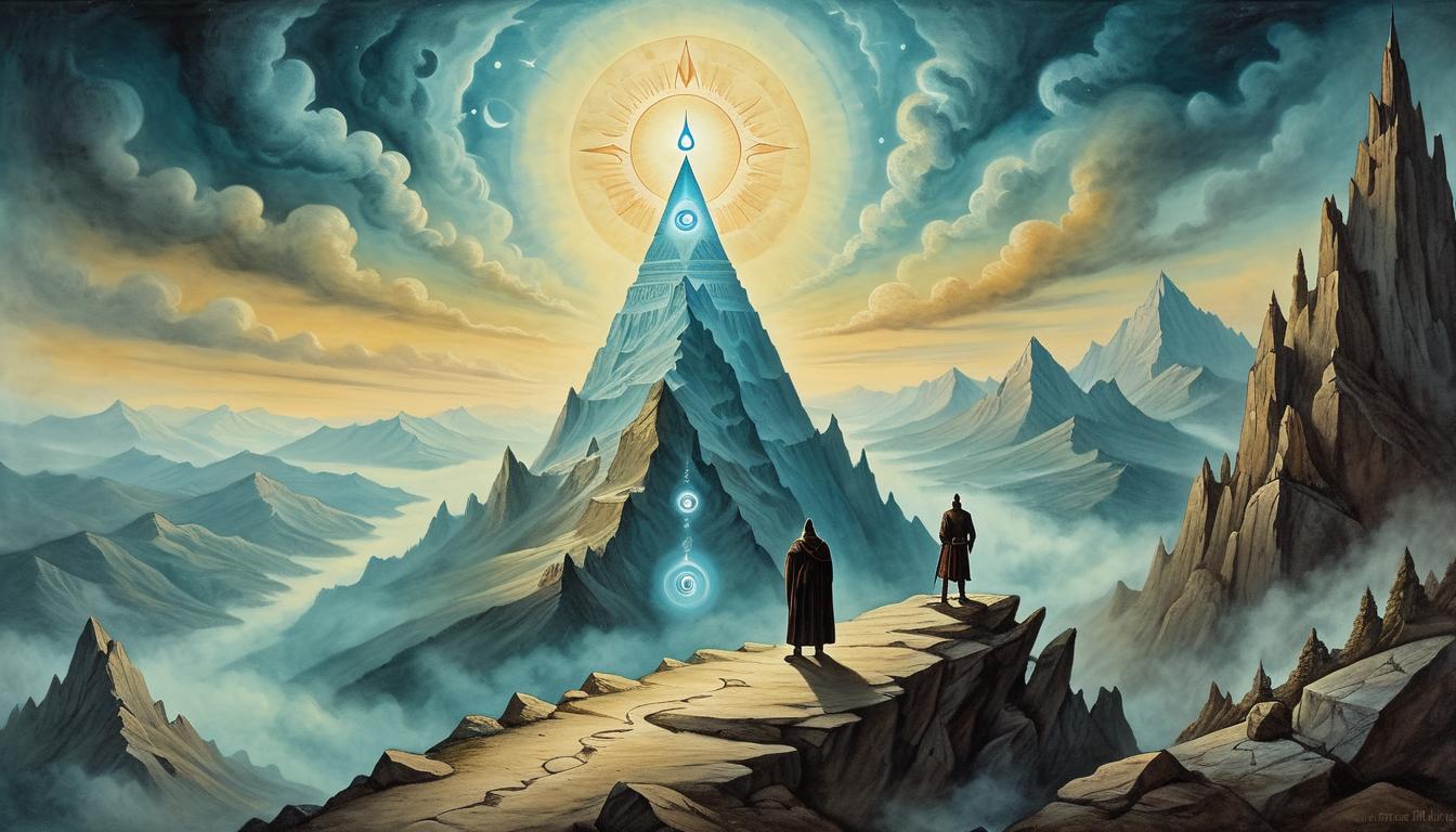  on parchment, surrealism+++, a person standing on a mountain peak with a glowing third eye, eyes suggesting enhanced perception, spiritual glow, exalted, heightened awareness(mysterious, provocative, symbolic,muted color)+++