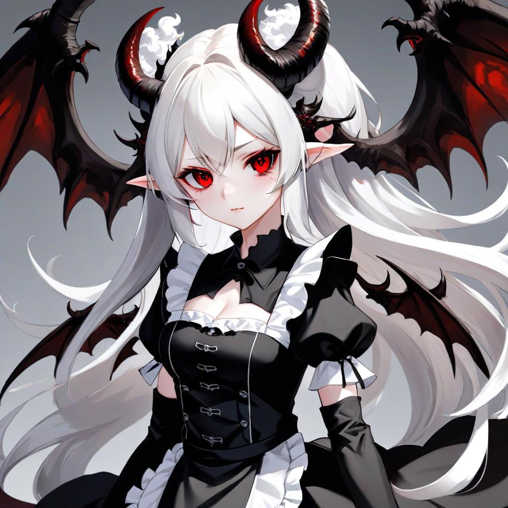  anime, maid, girl, demon, succubus, anime blush, red eyes, black pupils, elven ears, white skin, long white hair, black lamb horns, thin handles, huge demonic black wings, black tail, monotonous light background