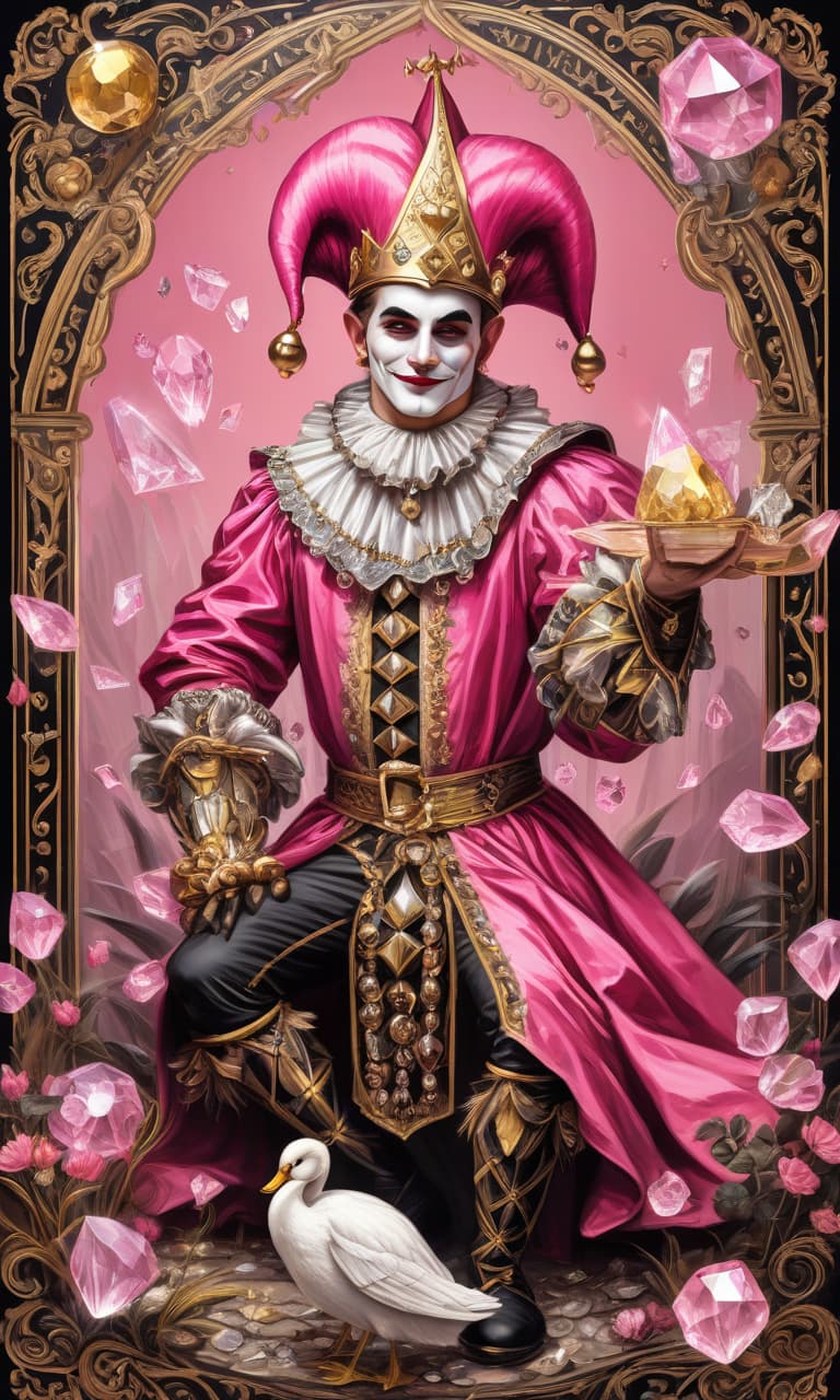  concept art tarot color pink, white, black, gold a man in the costume of a jester, a costume in a diamond cap with bells on it a lot of crystals swans . digital artwork, illustrative, painterly, matte painting, highly detailed, perfect hands