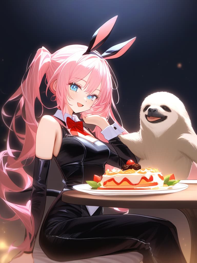  masterpiece,one ,delicate pink hair color,(twin tail hairstyle),(wearing black bunny ears catsuit),delicate blue eye color,smiling,{{{wearing play bunnyuniform:black leotard,(black ),bowtie,wrist cuffs}}},blake！(((acute sloth on :1.3))),(((holding sloth:1.2))),sitting on plush sofa,(table in foreground,gorgeous parfait on table),high quality,16k