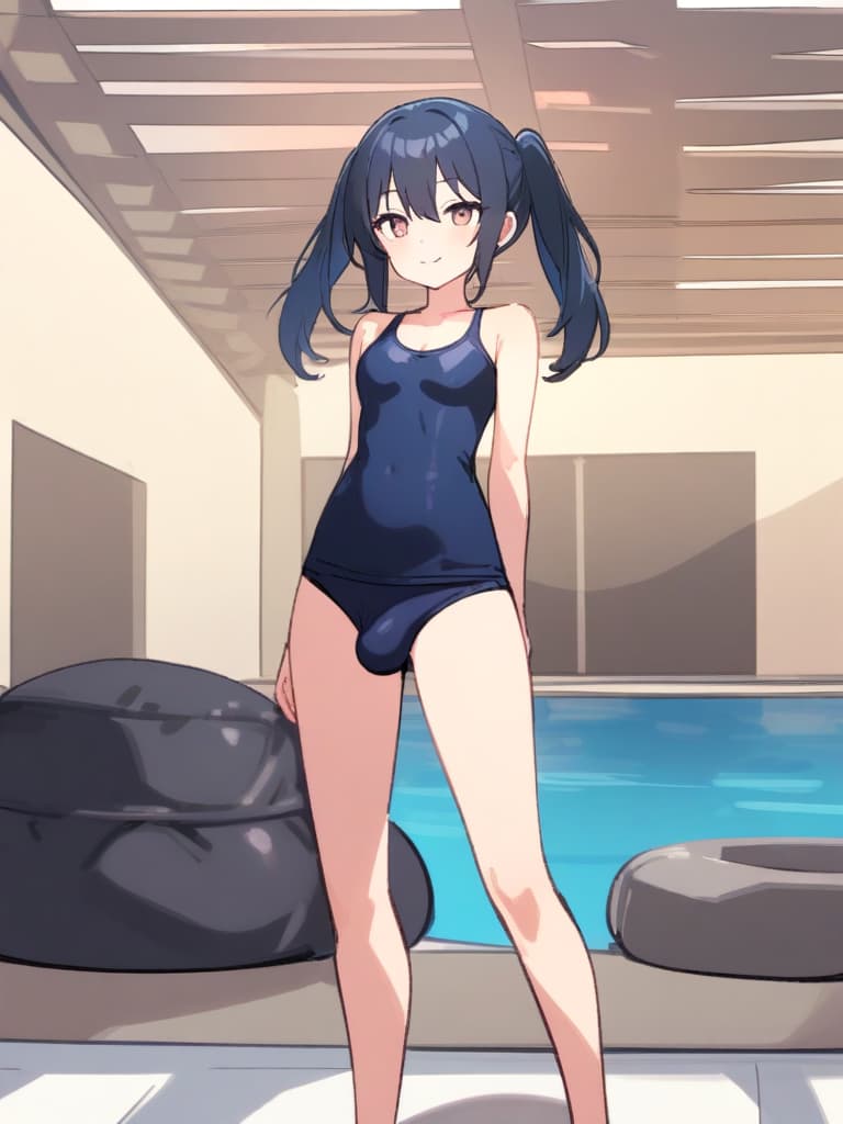  women's elementary students (male), twin tails, cute smiles, (rich s), short stature, dark blue swimwear, old swimwear, swimwear, simple, (upward), upward, (bulge), front, whole body, pool side ,,,