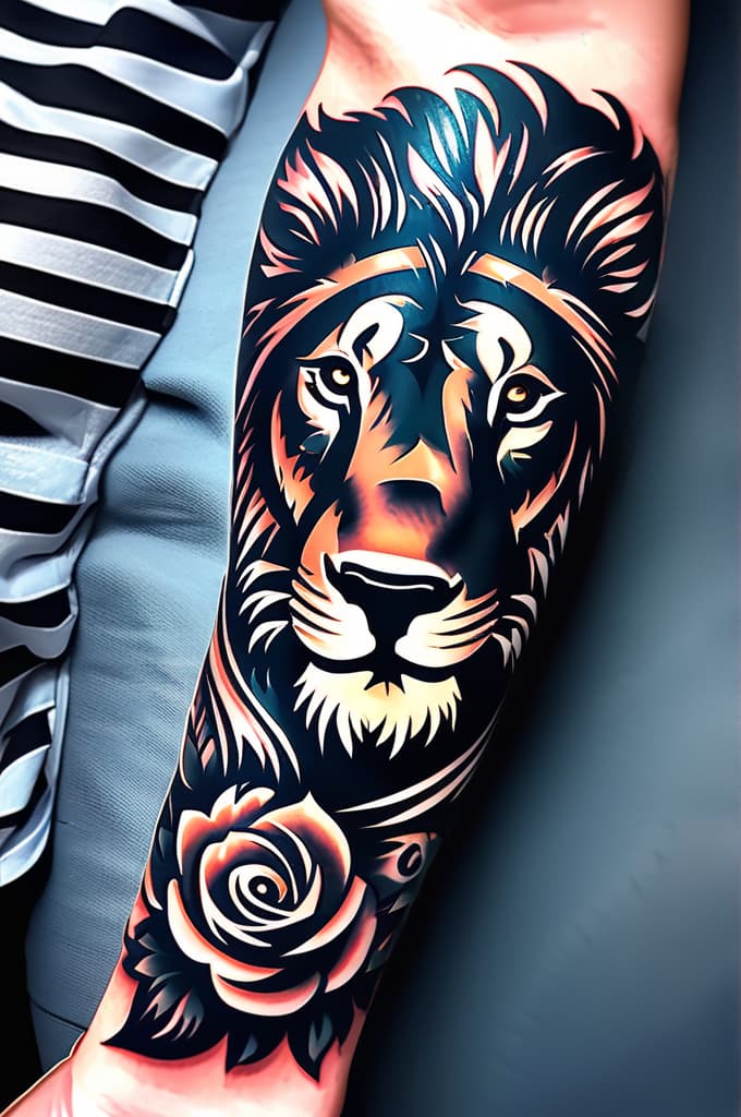  full arm sleeve of a lion , (tattoo:1.15), black and white style, hq, hightly detailed, 4k