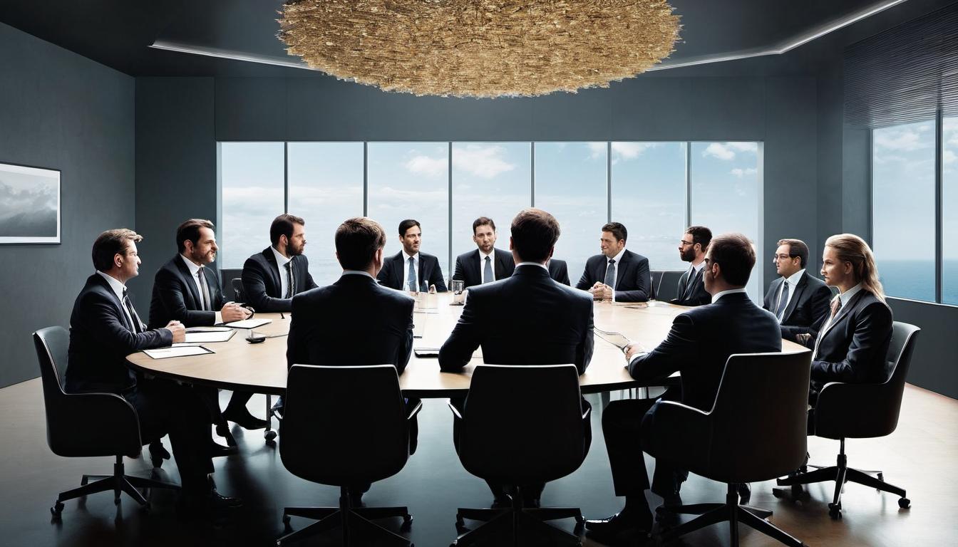  （surrealism)a group of colleagues in a formal meeting, subtle cues of competitiveness among them, one figure with a slightly out of place posture, conference room setting, tension hidden behind professionalism mystic, intricate details, best quality)