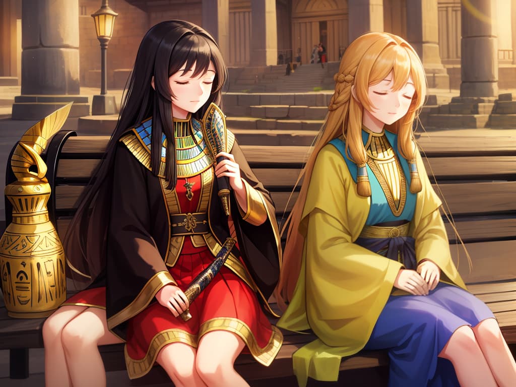  mature woman,long hair,bards,dress,fantasy,town,bright atmosphere,sit on a bench,lively,holding the lute,singing,eyes closed,calm expression,spectators all around,evening,ancient egypt,