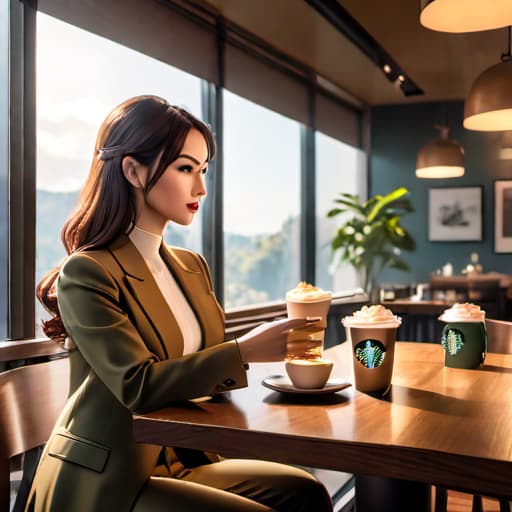  A woman in her 30s enjoying a cup of Starbucks coffee at her dinner table. The image should be hyper-realistic with detailed textures, accurate lighting, and lifelike proportions. Focus on realistic skin tones, clothing, and environment. hyperrealistic, full body, detailed clothing, highly detailed, cinematic lighting, stunningly beautiful, intricate, sharp focus, f/1. 8, 85mm, (centered image composition), (professionally color graded), ((bright soft diffused light)), volumetric fog, trending on instagram, trending on tumblr, HDR 4K, 8K