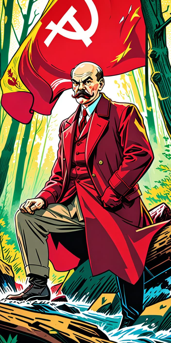  fighting game style vladimir ilyich lenin sits on the bank of a river in a forest waiting for a revolution. he is holding a red banner. '50s comic book style. cold war poster style. . dynamic, vibrant, action packed, detailed character design, reminiscent of fighting video games