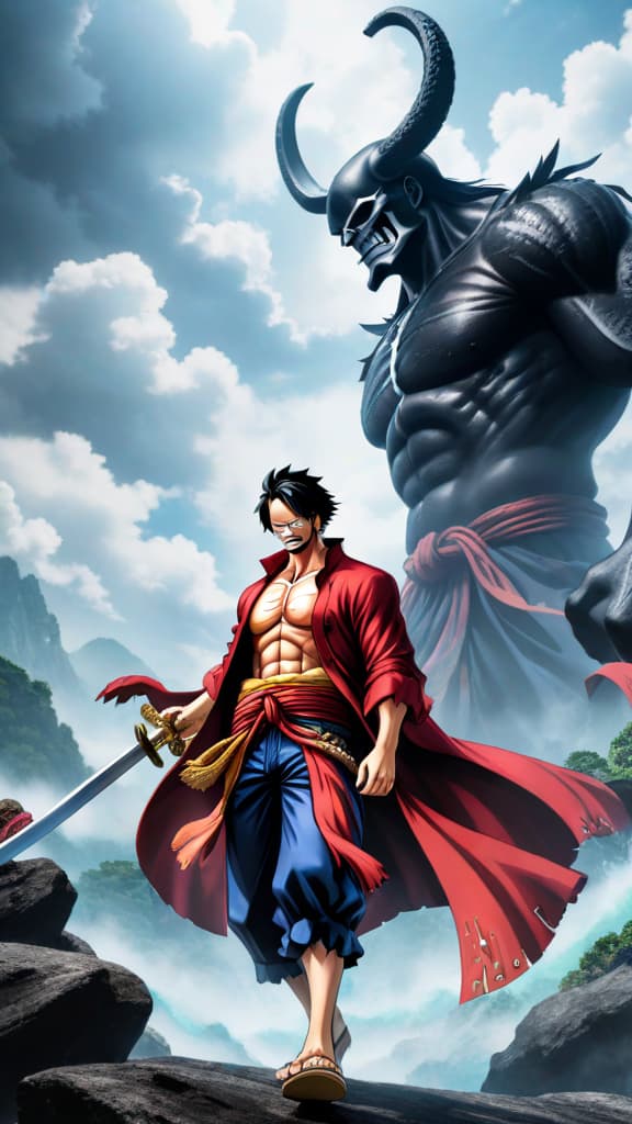  shanks from one piece navigating the new world with kaido in the background in anime art hyperrealistic, full body, detailed clothing, highly detailed, cinematic lighting, stunningly beautiful, intricate, sharp focus, f/1. 8, 85mm, (centered image composition), (professionally color graded), ((bright soft diffused light)), volumetric fog, trending on instagram, trending on tumblr, HDR 4K, 8K