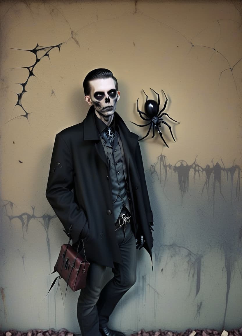  macabre style make him a man with the lower half of a spider's body . dark, gothic, grim, haunting, highly detailed