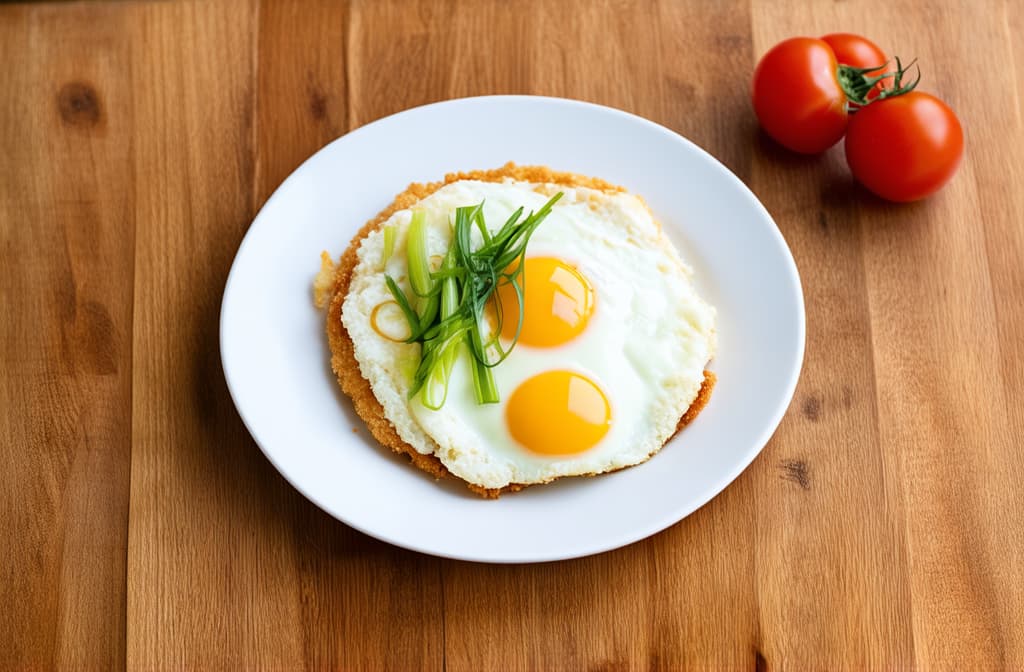  professional detailed photography, fried eggs on a plate with green onions and tomatoes on a wooden table ar 3:2, (muted colors, dim colors, soothing tones), (vsco:0.3)