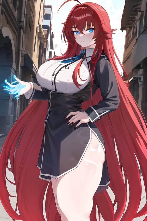  no ,masterpiece, best quality, 1women, long red hair, looking at viewer, :3, cute, black uniform, outdoors, streets, cow shot, curvy, (((blue eyes))), rias gremory, red hair, antenna hair, wavy hair, ((beautiful detailed eyes, beautiful detailed glow, lots of glow)), anime screencap