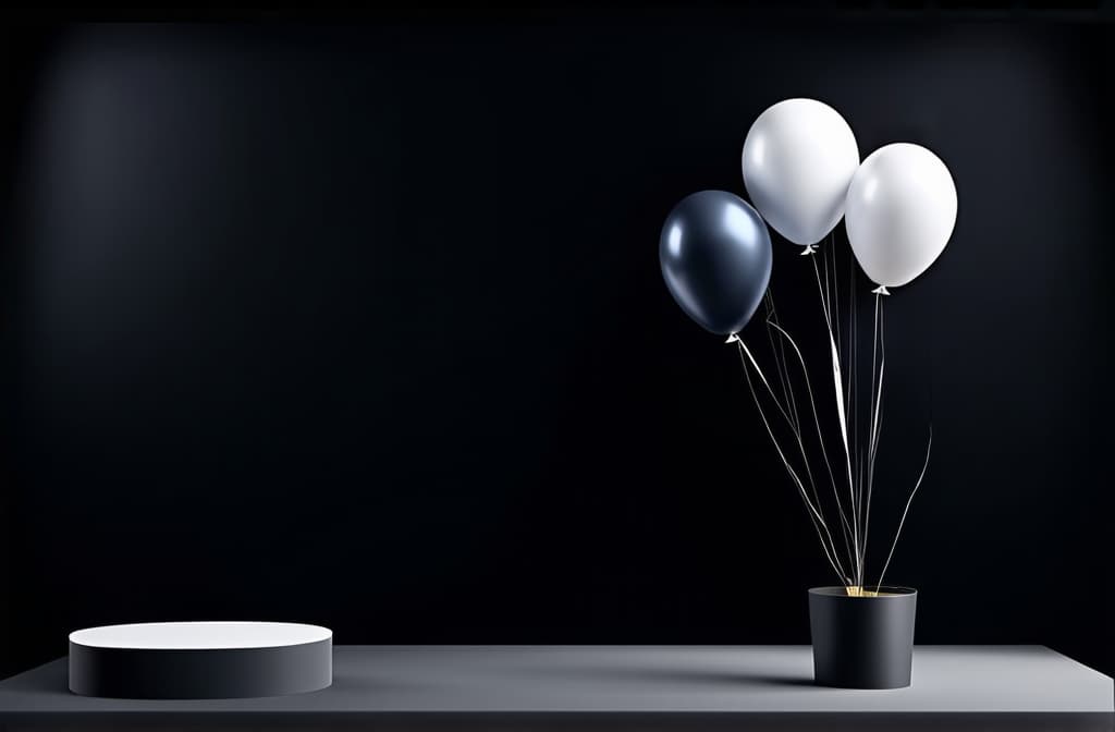  black friday banner background template with a podium and balloons on a dark scene for product stand in 3d rendering ar 3:2 {prompt}, maximum details