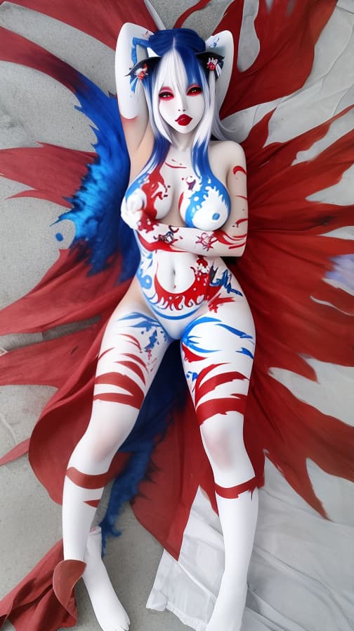  Full body red and Blue flame pattern body paint,White body paint on the whole body, White face paint on the face, succubus 女性