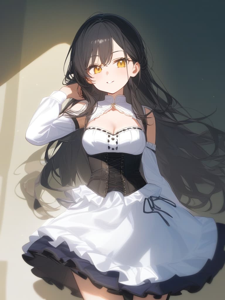  cute face focus,cute,young,long hair,black hair,yellow eyes,cute posing,frill dress,corset