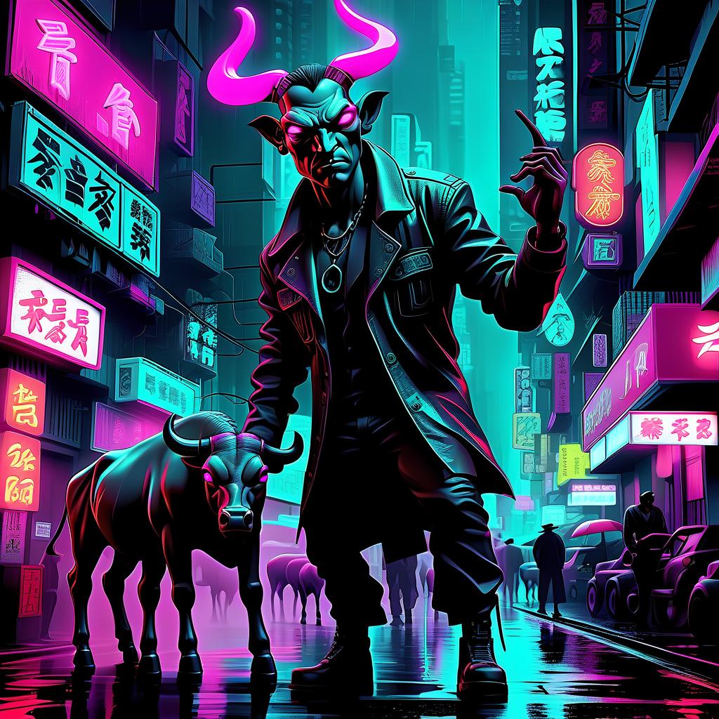  neon noir alastor, the man with the big herd . cyberpunk, dark, rainy streets, neon signs, high contrast, low light, vibrant, highly detailed, hkmagic