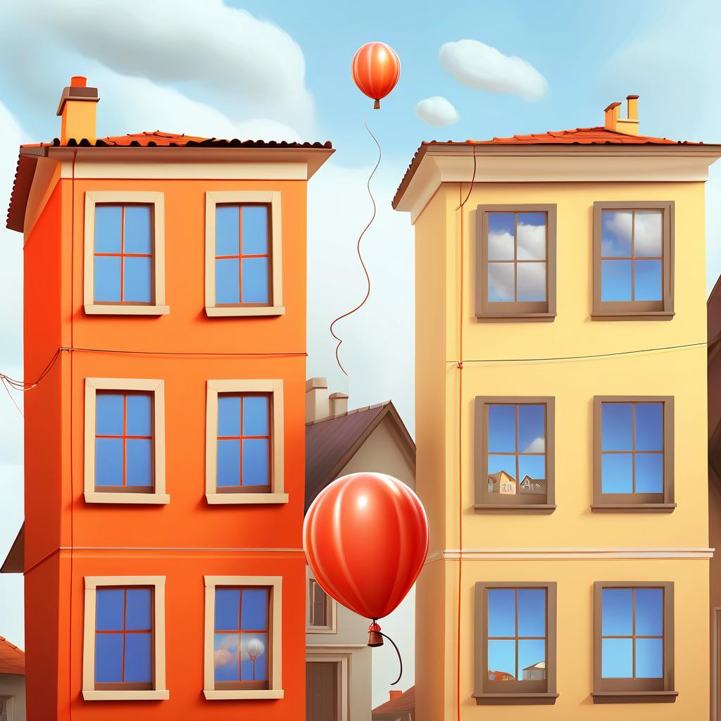  concept art balloon flying through two houses . digital artwork, illustrative, painterly, matte painting, highly detailed