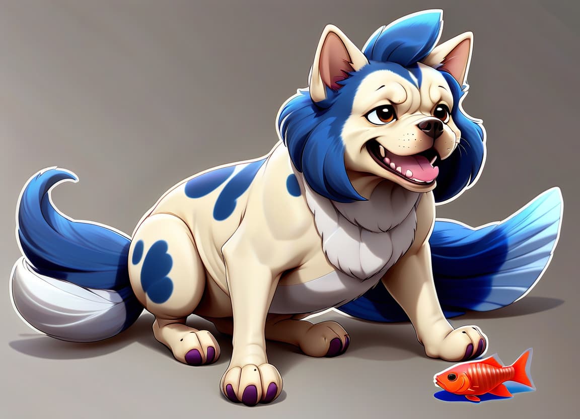  anime artwork animal, hybrid, dog, smooth hair, gills, fish tail, blue fur, membranes on the paws . anime style, key visual, vibrant, studio anime, highly detailed, sticker