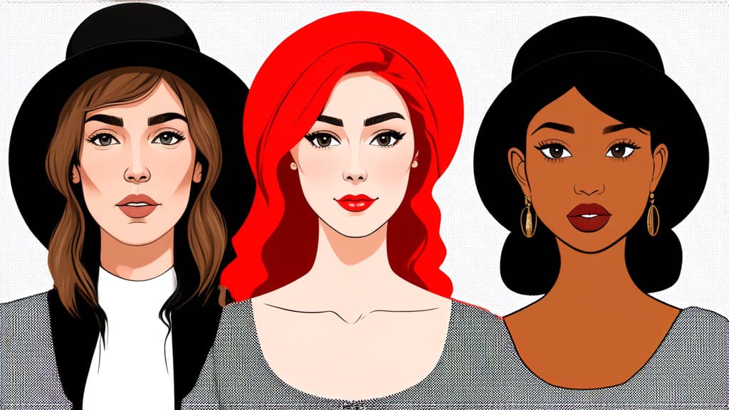  flat illustration, flaticon, (illustration:1.15), different beauty. set of different female heads in hats. different races and nationalities. colored hand drawn illustration ar 16:9, [cory loftis, strobist, pascal campion :: 0.2]