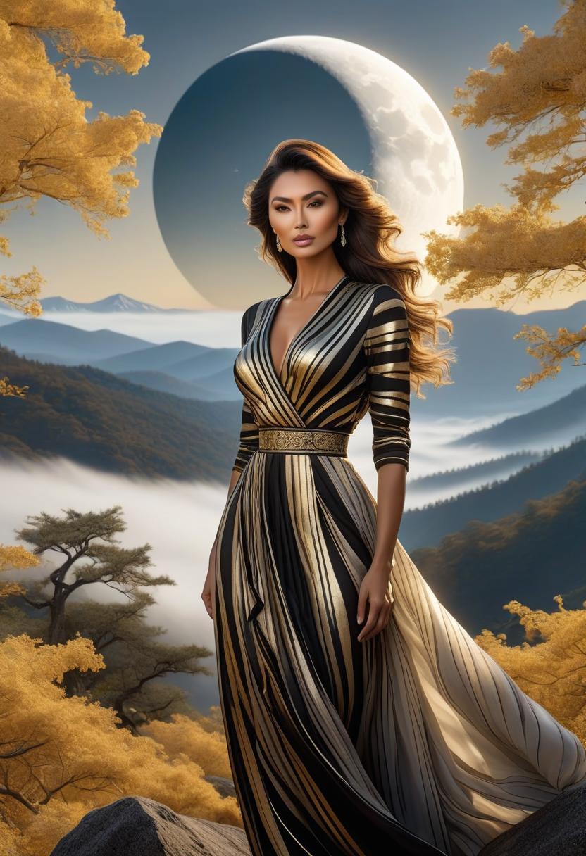  sweeping golden, silver and black ink stripes expressing the eastern winds, mountains and trees, the moon, as rhythms of change hyperrealistic, full body, detailed clothing, highly detailed, cinematic lighting, stunningly beautiful, intricate, sharp focus, f/1. 8, 85mm, (centered image composition), (professionally color graded), ((bright soft diffused light)), volumetric fog, trending on instagram, trending on tumblr, HDR 4K, 8K