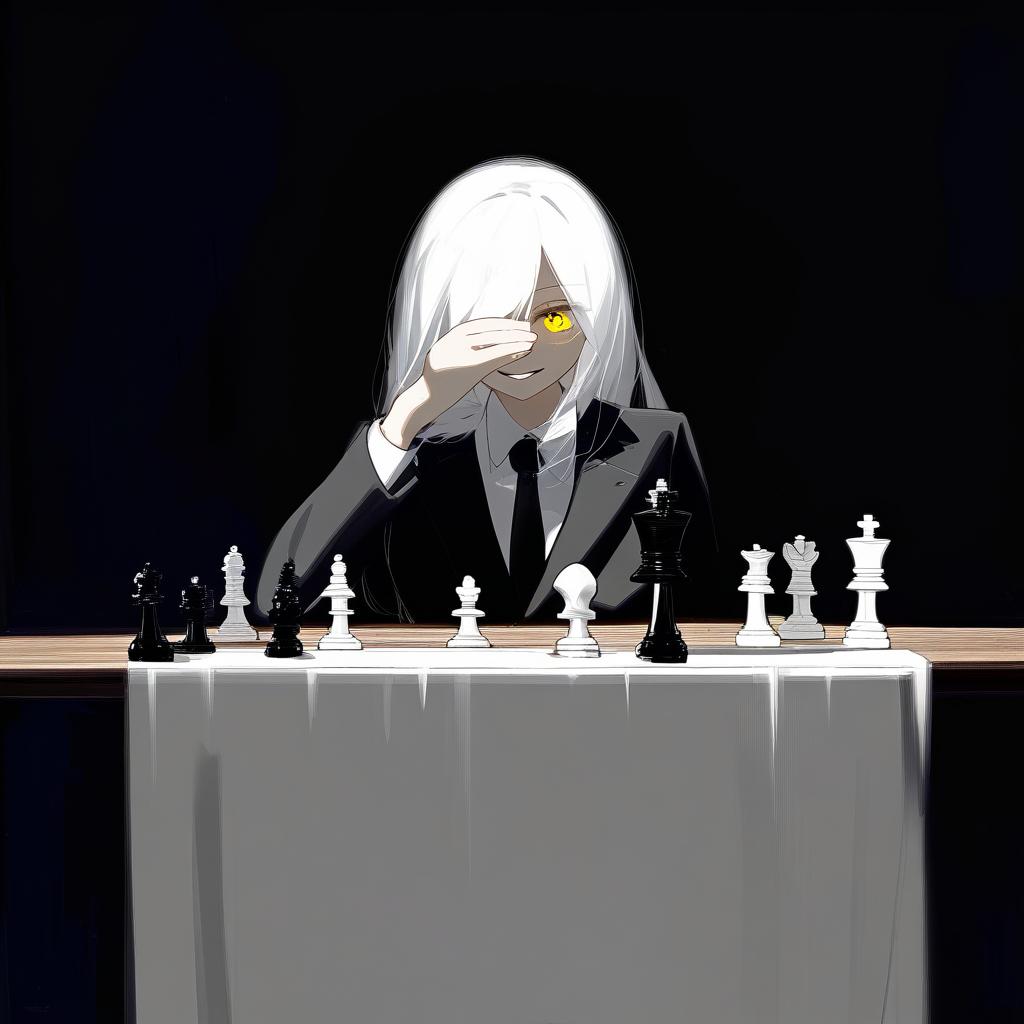  long white hair anime woman with shadows completely concealing face with the exception of evil empty white teeth smile on her face and only a hardly visible singular yellow eye, leaning on one hand with arrogance,jet black suit, black tie, sitting in front of a table with a chess set on it, no visible facial features due to blackness covering face full of shadows on face . best quality, high resolution