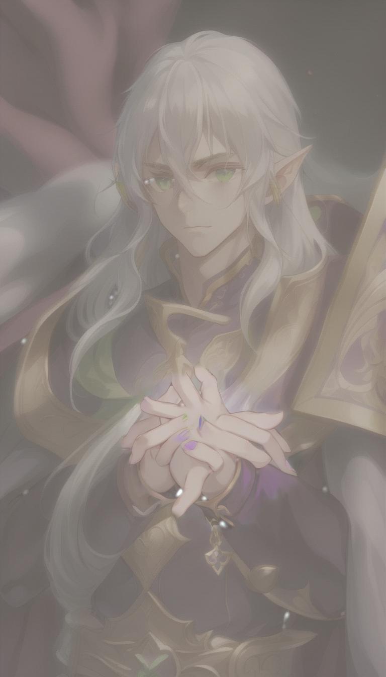  man, elf, long white hair, green eyes, purple clothes, four fingers on the hands