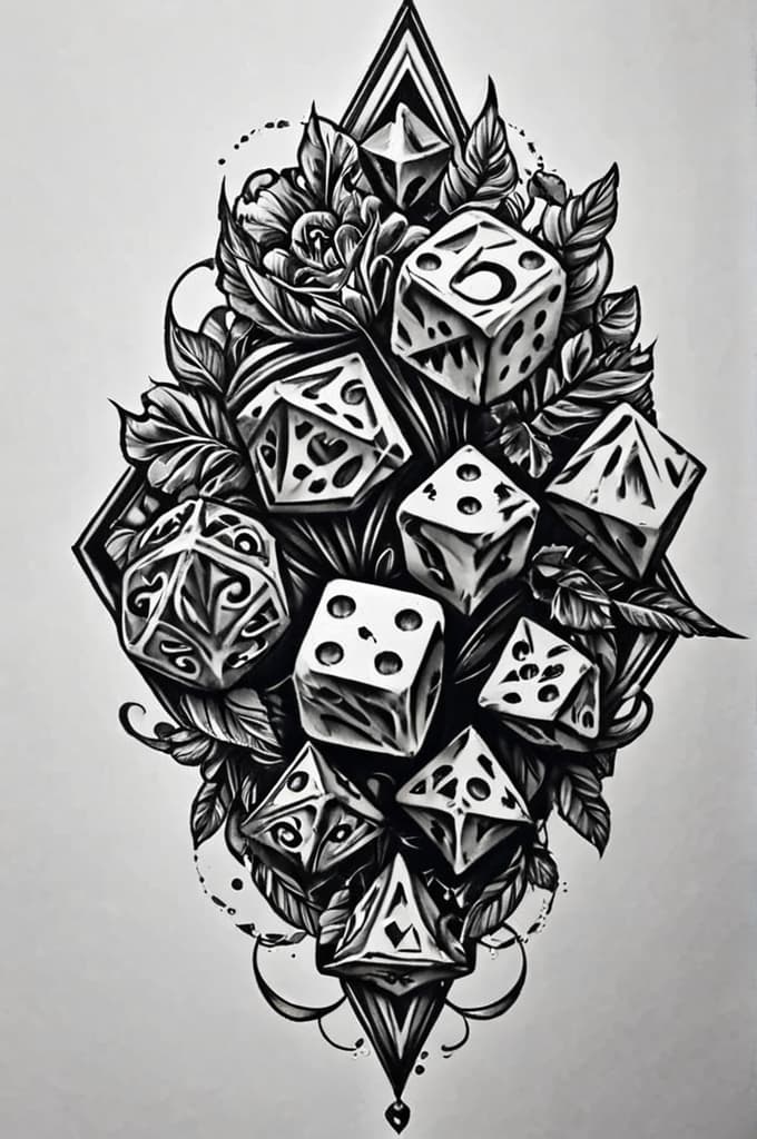  dice life tattoos , (tattoo sketch:1.25), drawing