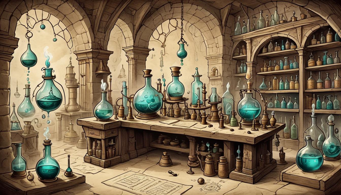  on parchment, surrealism+++, an alchemist's lab filled with bubbling potions, mystical apparatus, intricate diagrams on parchment, sense of discovery, innovation, transformation(mysterious, provocative, symbolic,muted color)+++