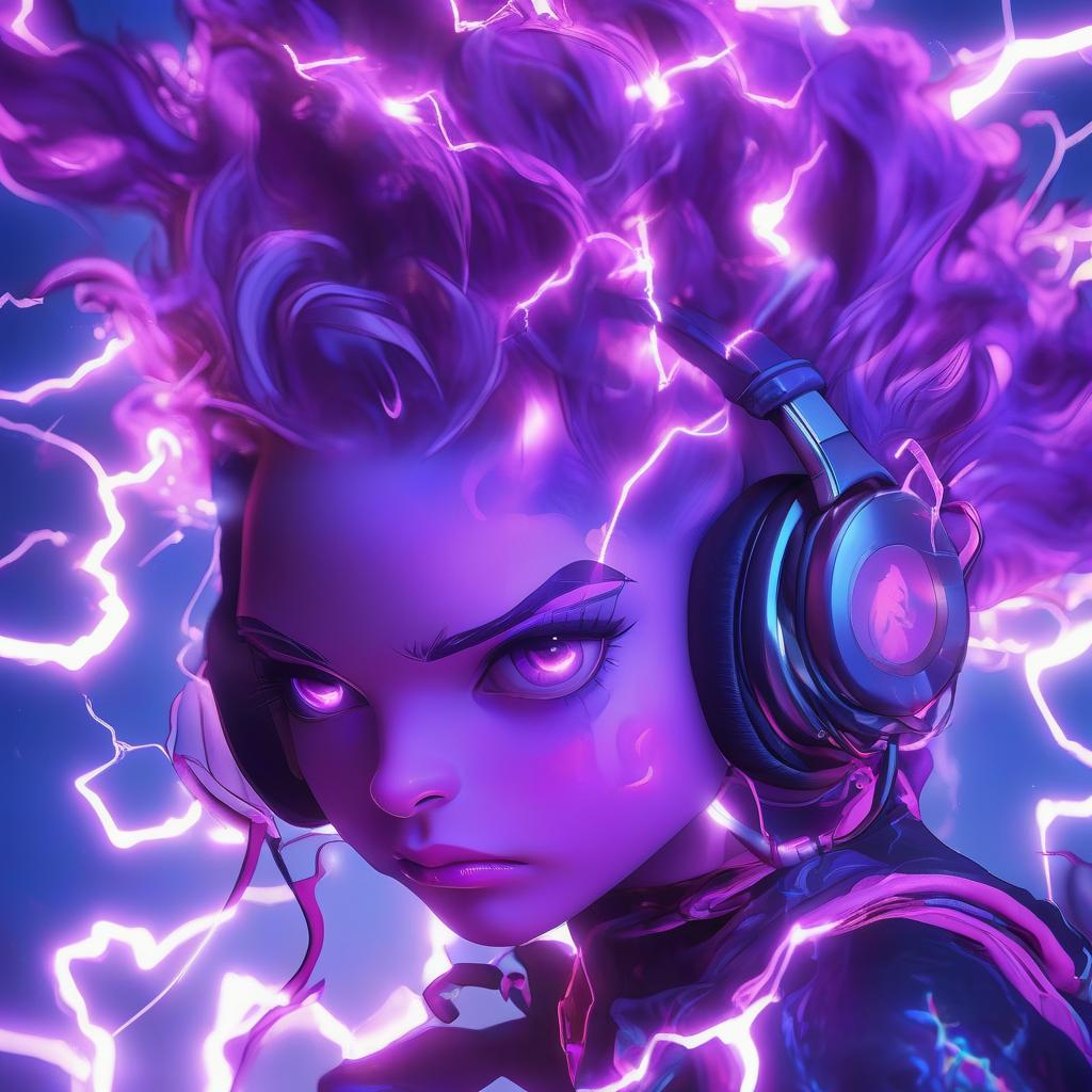  hyperrealistic art a close up of a person with headphones on, glowwave girl portrait, android jones and atey ghailan, dramatic purple thunders, amazing lightning art, kintsukuroi, beautiful necromancer girl, cute! c4d, electrifying, by eva gonzalès, ( ( ( colorful ) ) ), exquisite lightning . extremely high resolution details, photographic, realism pushed to extreme, fine texture, incredibly lifelike