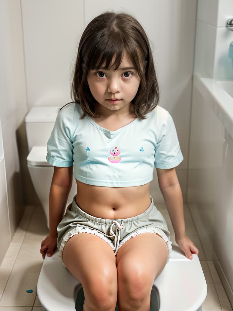  girl in poo, toilet, first grader, looking at my stomach, girl sitting in the toilet, masterpiece, best quality,8k,ultra detailed,high resolution,an extremely delicate and beautiful,hyper detail