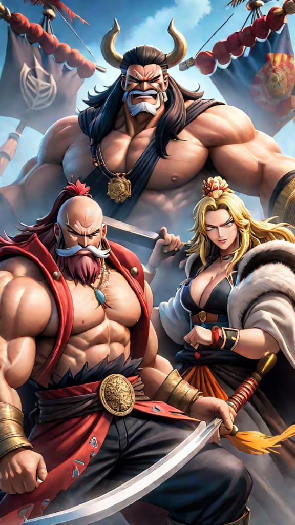  an anime image of rocks d. xebec's crew, including whitebeard, kaido, big mom, and shiki, aiming to become kings of the world. hyperrealistic, full body, detailed clothing, highly detailed, cinematic lighting, stunningly beautiful, intricate, sharp focus, f/1. 8, 85mm, (centered image composition), (professionally color graded), ((bright soft diffused light)), volumetric fog, trending on instagram, trending on tumblr, HDR 4K, 8K