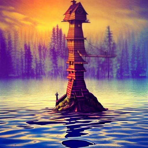  Single flooded simple fantasy wooden tower, very coherent and colorful high contrast!! masterpiece