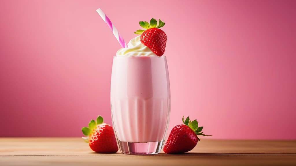  food gourmet photography style Milkshake with a straw for drinking, a slice of strawberry on the edge of the glass. Light pink background with many small strawberries ar 16:9 appetizing, professional, culinary, high resolution, commercial, highly detailed ,soft natural lighting, macro details, vibrant colors, fresh ingredients, glistening textures, bokeh background, styled plating, wooden tabletop, garnished, tantalizing, editorial quality