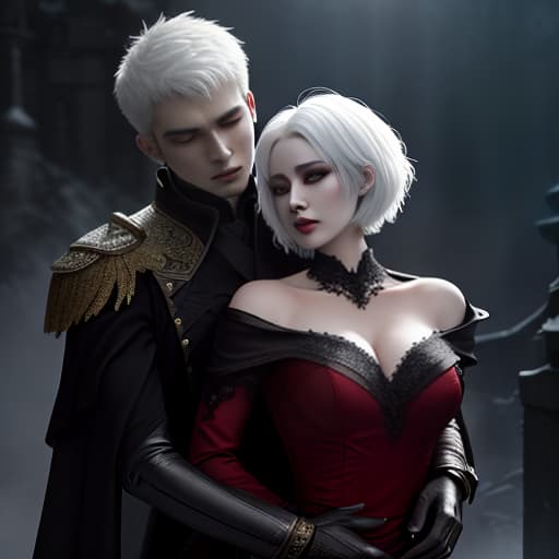  an art, a loved couple of vampires, standing in the back of the night's gautic castle, a guy hugs a girl behind the waist, a guy with short white hair, a girl with short red hair, their eyes burn hyperrealistic, full body, detailed clothing, highly detailed, cinematic lighting, stunningly beautiful, intricate, sharp focus, f/1. 8, 85mm, (centered image composition), (professionally color graded), ((bright soft diffused light)), volumetric fog, trending on instagram, trending on tumblr, HDR 4K, 8K