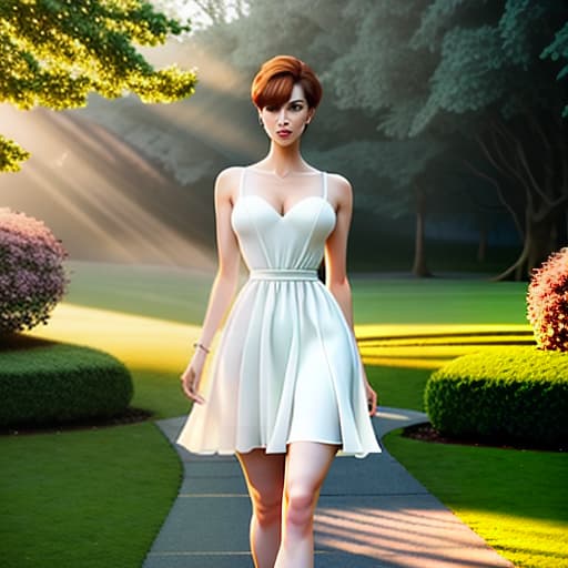  A , standing tall, the white dress shows her figure in the sunlight, dressed on body, very beautiful, slender figure, legs, , short hair, in the park on the walkway. hyperrealistic, full body, detailed clothing, highly detailed, cinematic lighting, stunningly beautiful, intricate, sharp focus, f/1. 8, 85mm, (centered image composition), (professionally color graded), ((bright soft diffused light)), volumetric fog, trending on instagram, trending on tumblr, HDR 4K, 8K