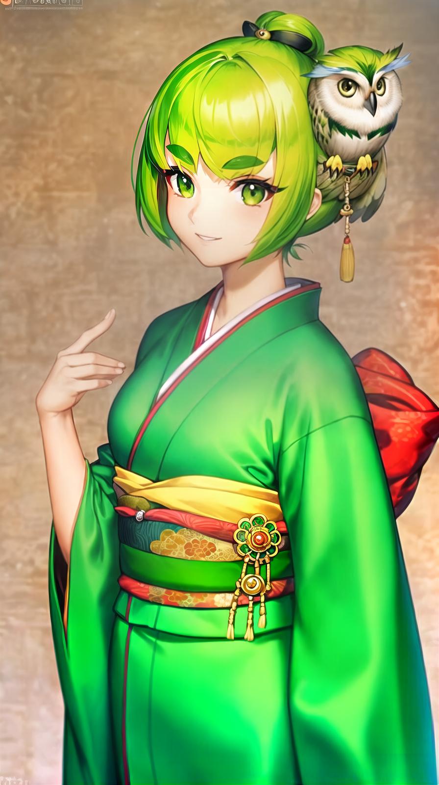  master piece , best quality,green hair, bobbed hair, girl, round eyebrows, anthropomorphic owl on brow pats, kimono