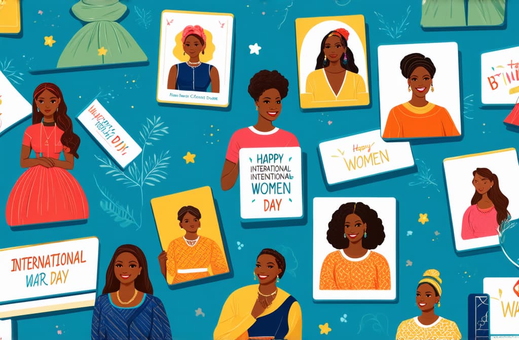  happy international women's day. march 8th. different races and nationalities. colored hand drawn vector illustrations. set of cards and seamless pattern ar 3:2 {prompt}, maximum details