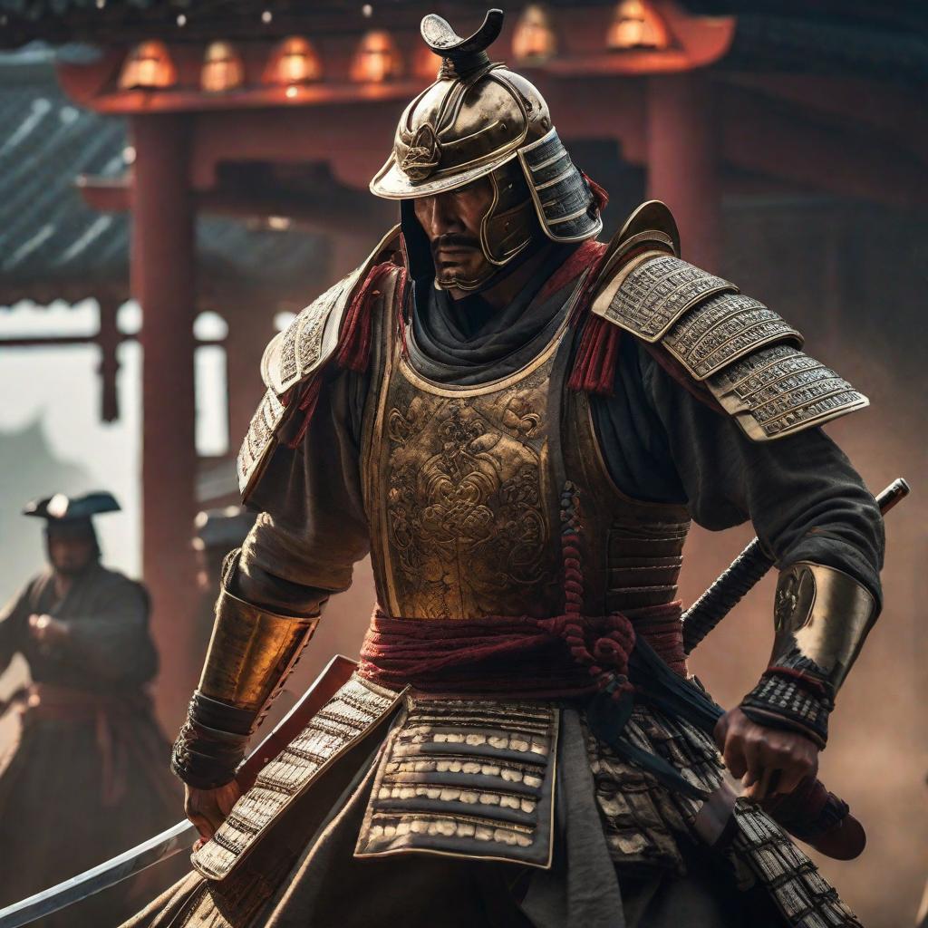  a close-up of the samurai's face, reflecting deep sorrow and resolve, with hints of ancient battle scars hyperrealistic, full body, detailed clothing, highly detailed, cinematic lighting, stunningly beautiful, intricate, sharp focus, f/1. 8, 85mm, (centered image composition), (professionally color graded), ((bright soft diffused light)), volumetric fog, trending on instagram, trending on tumblr, HDR 4K, 8K