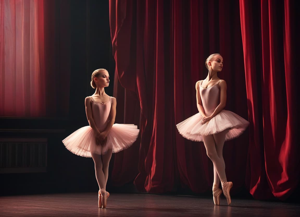  ballerinas miss the dark stage of the theater against the background of the red curtain