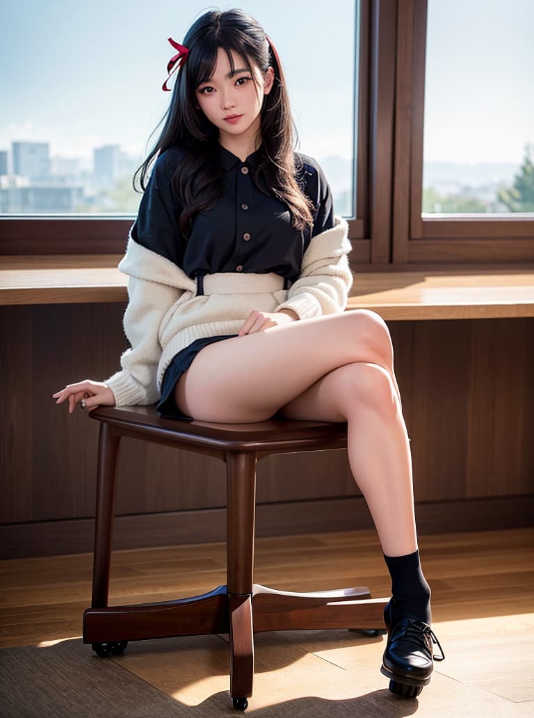  cinematic, best quality, photo, 1girl, , female , , serafuku, hair ribbon, socks, waring clothes, loose wearing, close up, beautiful black hair, sitting on desk, legs open, cl room, , morning, 50mm, f2.8, beautiful sky, beautiful back ground, beautiful face, beautiful eyes, detailed face, smile to viewer, front view, slightly , hyperrealistic, full body, detailed clothing, highly detailed, cinematic lighting, stunningly beautiful, intricate, sharp focus, f/1. 8, 85mm, (centered image composition), (professionally color graded), ((bright soft diffused light)), volumetric fog, trending on instagram, trending on tumblr, HDR 4K, 8K