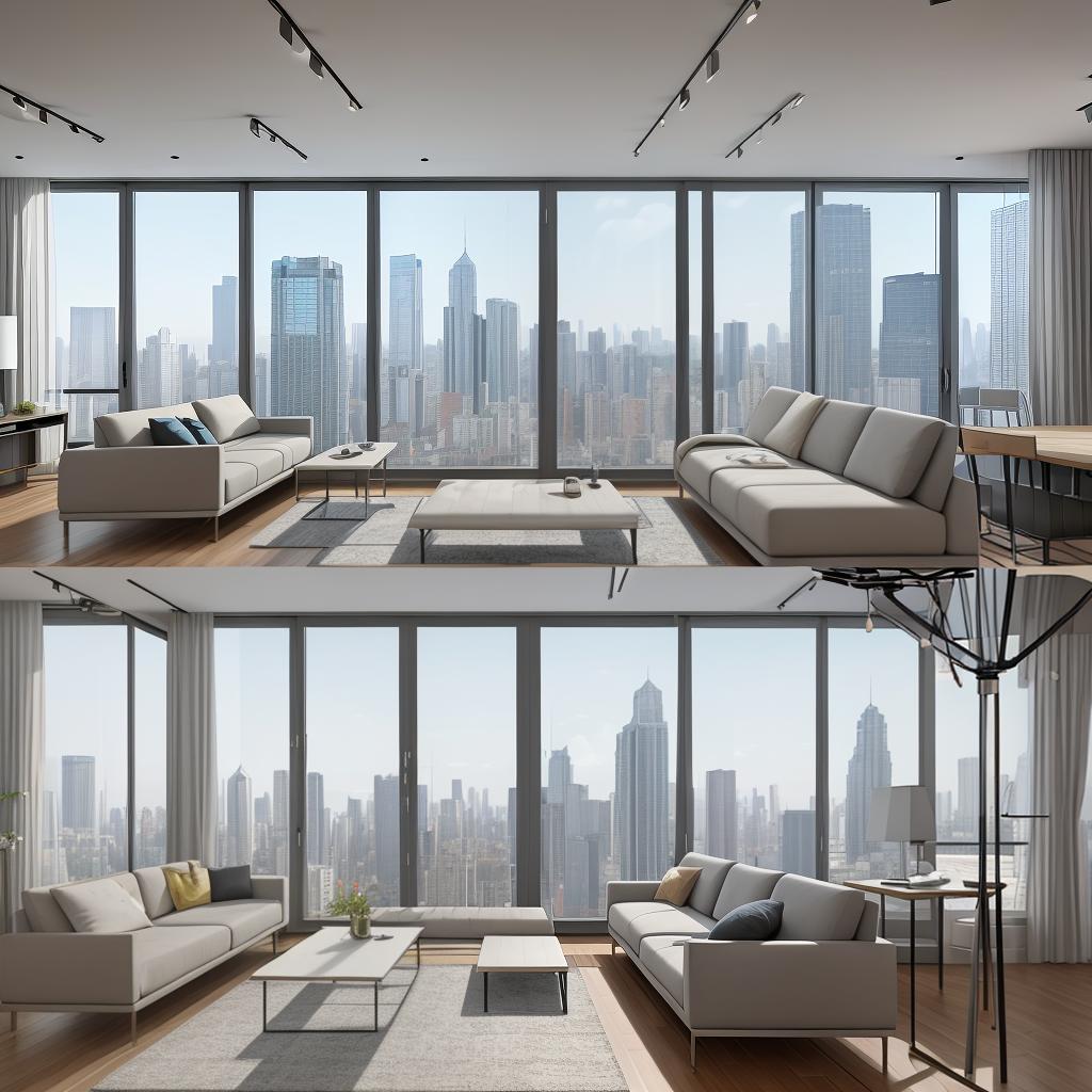  masterpiece, best quality, Best Quality, Masterpiece, 8k resolution,high resolution concept art of an apartment living room with floor to ceiling windows and modern furniture