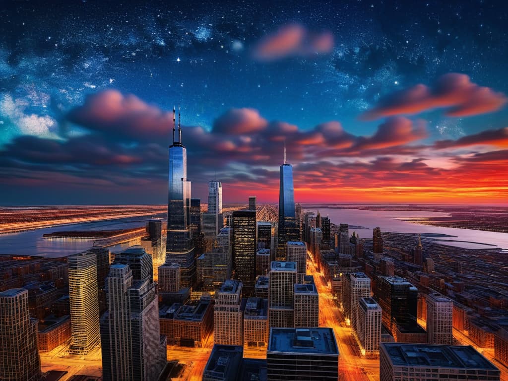  ethereal fantasy concept art of sears tower, crain's communications building, drone view, tilt shift, van gogh's starry night, colorful red orange swirls, cloud gate, hyper realistic, chicago skyline, mesmerizing, intricate details, flambient golden red sunrise, dramatic lighting, epic composition, wide angle, cinematic, masterpiece, 4k, raw photo, van gogh influence, studio lighting, impressionist, bold colors, starry sky, architectural elements, medium format lens, high angle, cityscape, city life, metropolitan, van gogh's brushstrokes, van gogh's shadows, van gogh's colors, van gogh's textures, nighttime, city scene, streets, night cityscape. magnificent, celestial, ethereal, painterly, epic, majestic, magical, fantasy art, cover art, dr