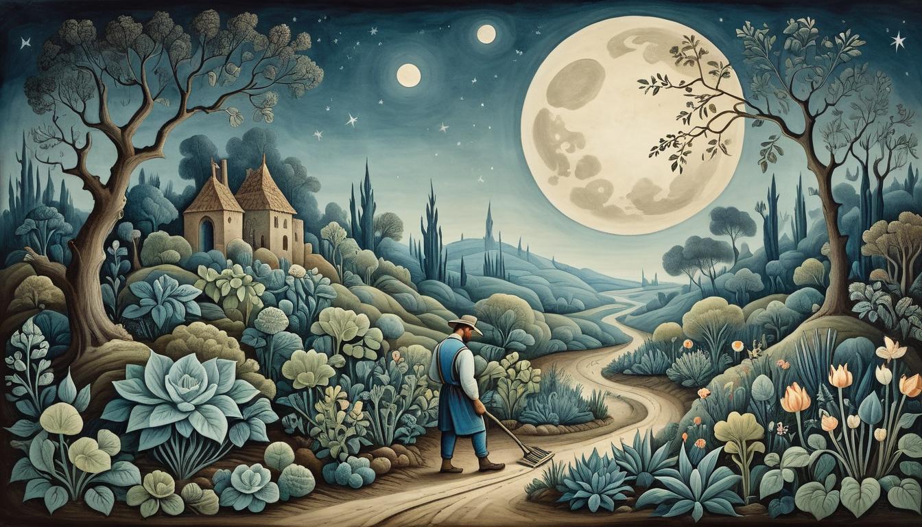  on parchment, surrealism+++, a gardener tending to plants in the moonlight, symbolizing unseen cultivation, nurturing, serene, secretive(mysterious, provocative, symbolic,muted color)+++