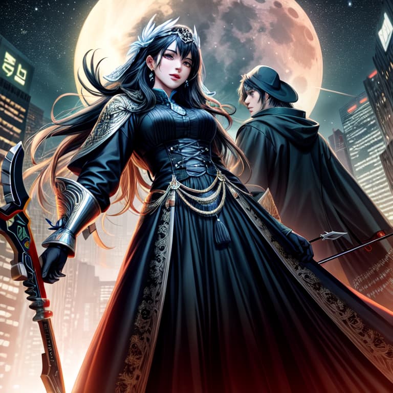  best quality,best quality,official art,extremely detailed cg unity 8k wallpaper,male,night,moon,gradient eyes,serious,evil,side shot,from below,two people stood on the bones, one holding a knife and the other holding a crossbow, with a red moon hanging in the sky hyperrealistic, full body, detailed clothing, highly detailed, cinematic lighting, stunningly beautiful, intricate, sharp focus, f/1. 8, 85mm, (centered image composition), (professionally color graded), ((bright soft diffused light)), volumetric fog, trending on instagram, trending on tumblr, HDR 4K, 8K