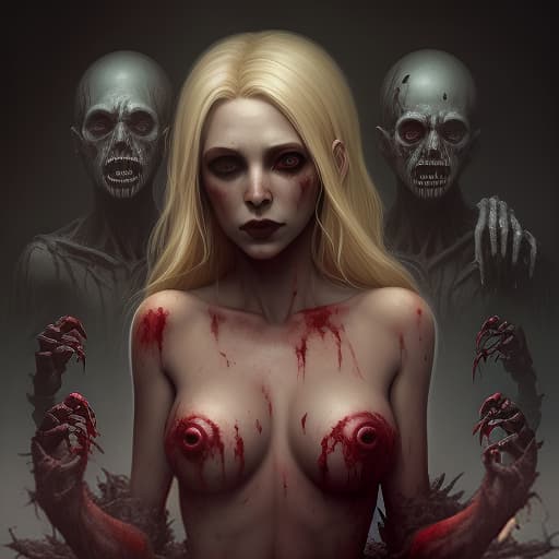  40 woman blonde supple in a mini, dark , creepy , blood , monsters , by jason engle , carlos huante , charlie bowater , simon lee , brom