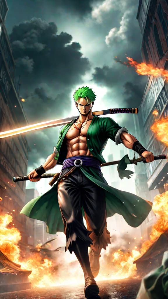  anime art of zoro's determination clashing with ichigo's speed, strength, and abilities in a fierce battle. hyperrealistic, full body, detailed clothing, highly detailed, cinematic lighting, stunningly beautiful, intricate, sharp focus, f/1. 8, 85mm, (centered image composition), (professionally color graded), ((bright soft diffused light)), volumetric fog, trending on instagram, trending on tumblr, HDR 4K, 8K