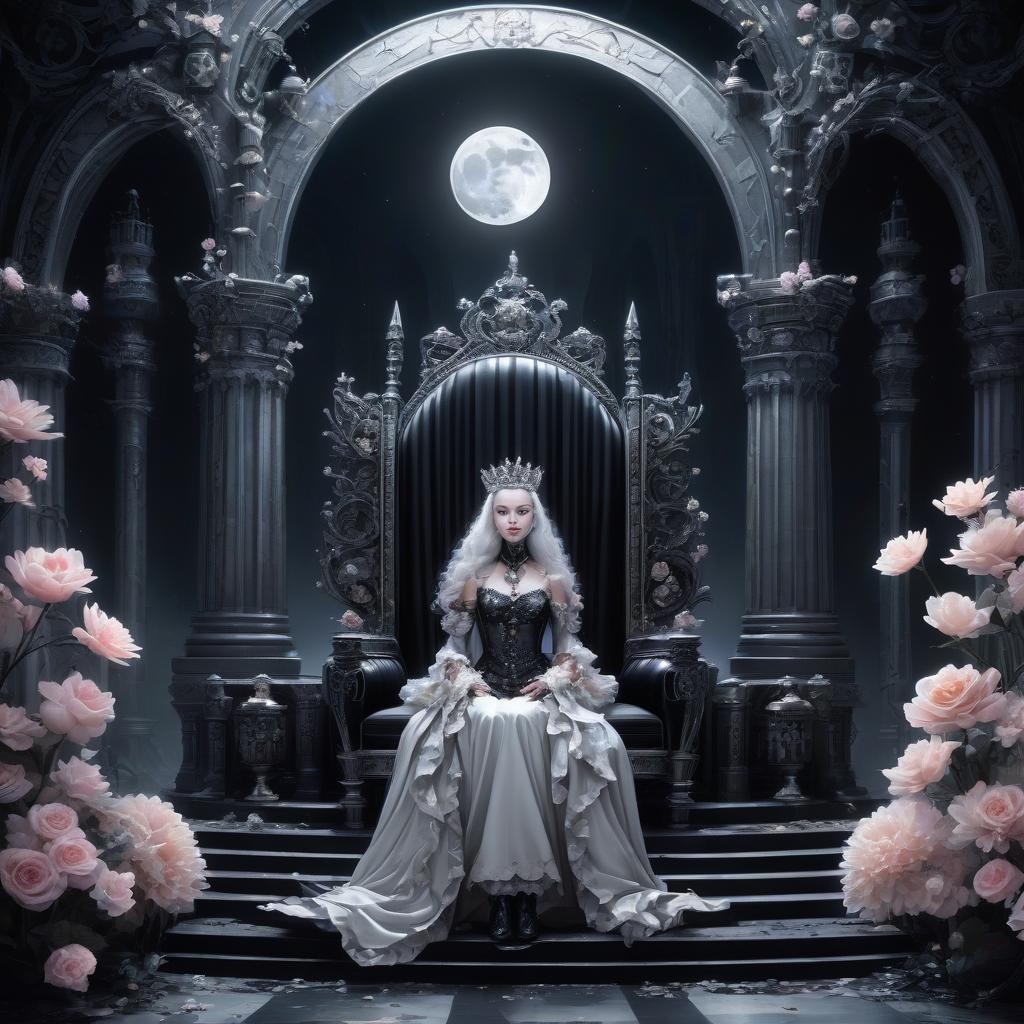  judge on the throne. black dungeon.flowers. two colors: black, white. pearls. some multicolored porridge. luminous pearls. iron castle. there is a moat in front of the castle. a castle in the mountains. a gloomy castle. baroque, rococo, cyberpunk. moon. moonlight. big moon. silver rays.