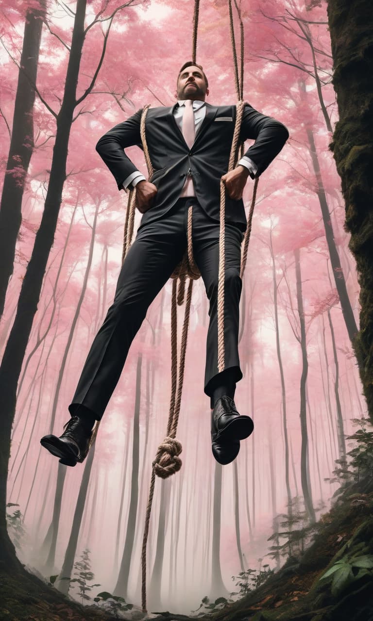  concept art color pink, white, black, gold forest man in a stacked suit in a strip hanging on a rope by his legs hanging upside down . digital artwork, illustrative, painterly, matte painting, highly detailed, perfect hands