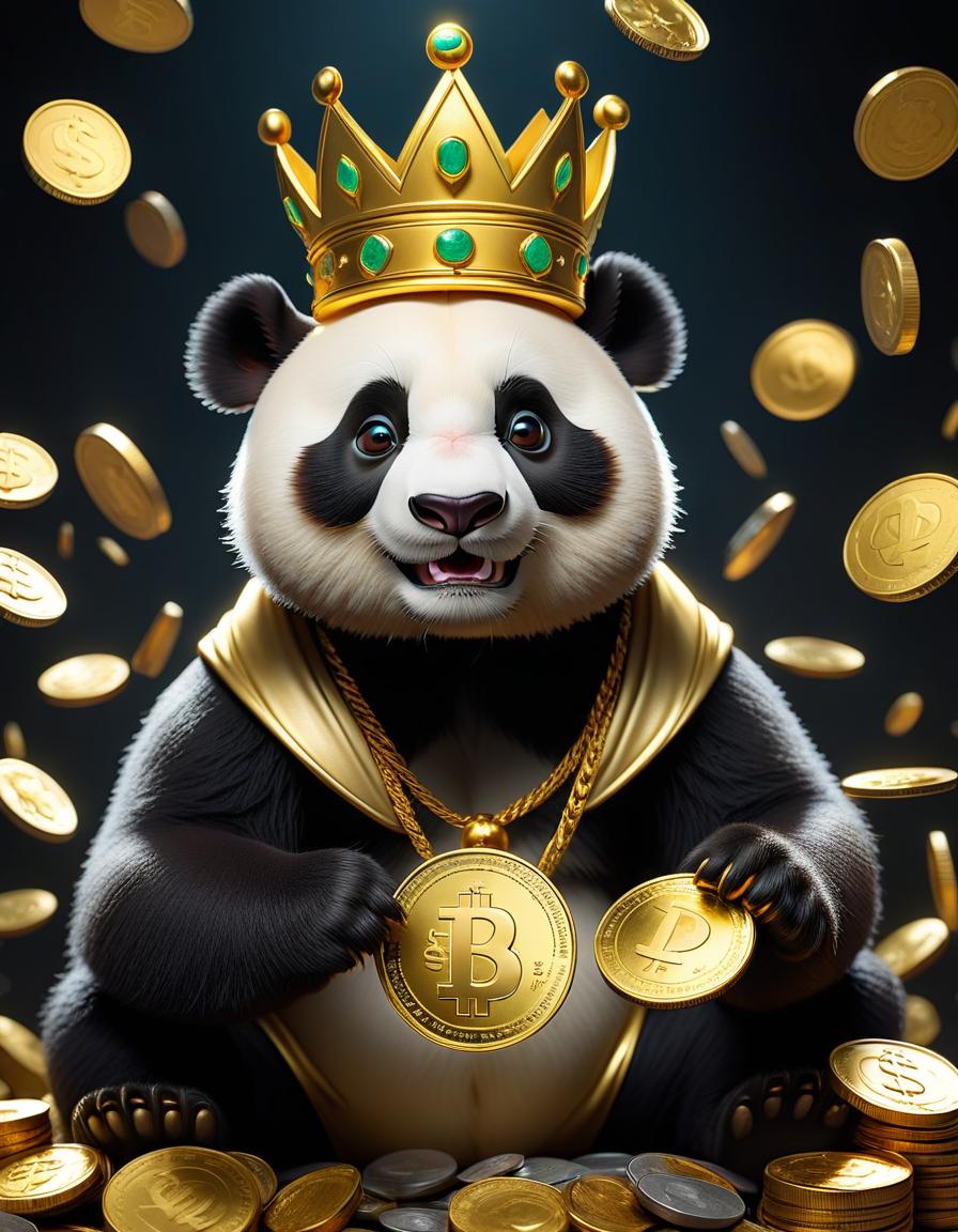  create a picture of the dollar rate rising and falling in gold color in the center of a cartoon brutal panda with a crown on his head with a coin in his hand on a black background hyperrealistic, full body, detailed clothing, highly detailed, cinematic lighting, stunningly beautiful, intricate, sharp focus, f/1. 8, 85mm, (centered image composition), (professionally color graded), ((bright soft diffused light)), volumetric fog, trending on instagram, trending on tumblr, HDR 4K, 8K