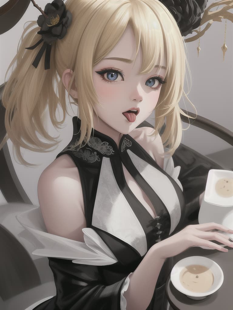  high angle shot,upturned eyes,so cute,extreme close up,short blonde hair,from front angle,Stick out tongue,black China dress, masterpiece, best quality,8k,ultra detailed,high resolution,an extremely delicate and beautiful,hyper detail