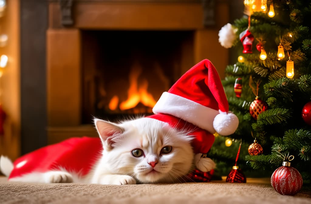  cinematic film style, christmas white cute kitten near the christmas tree sleeps in a santa hat, in the background in blur a fireplace, cozy atmosphere, cinema effect ar 3:2, shallow depth of field, vignette, maximum details, high budget hollywood movie, bokeh, cinemascope, moody, epic, gorgeous, sun rays and shadows on furniture and surfaces, flattering light, raw photo, photography, photorealistic, 8k resolution, f1.4, sharpened focus, sharp focus