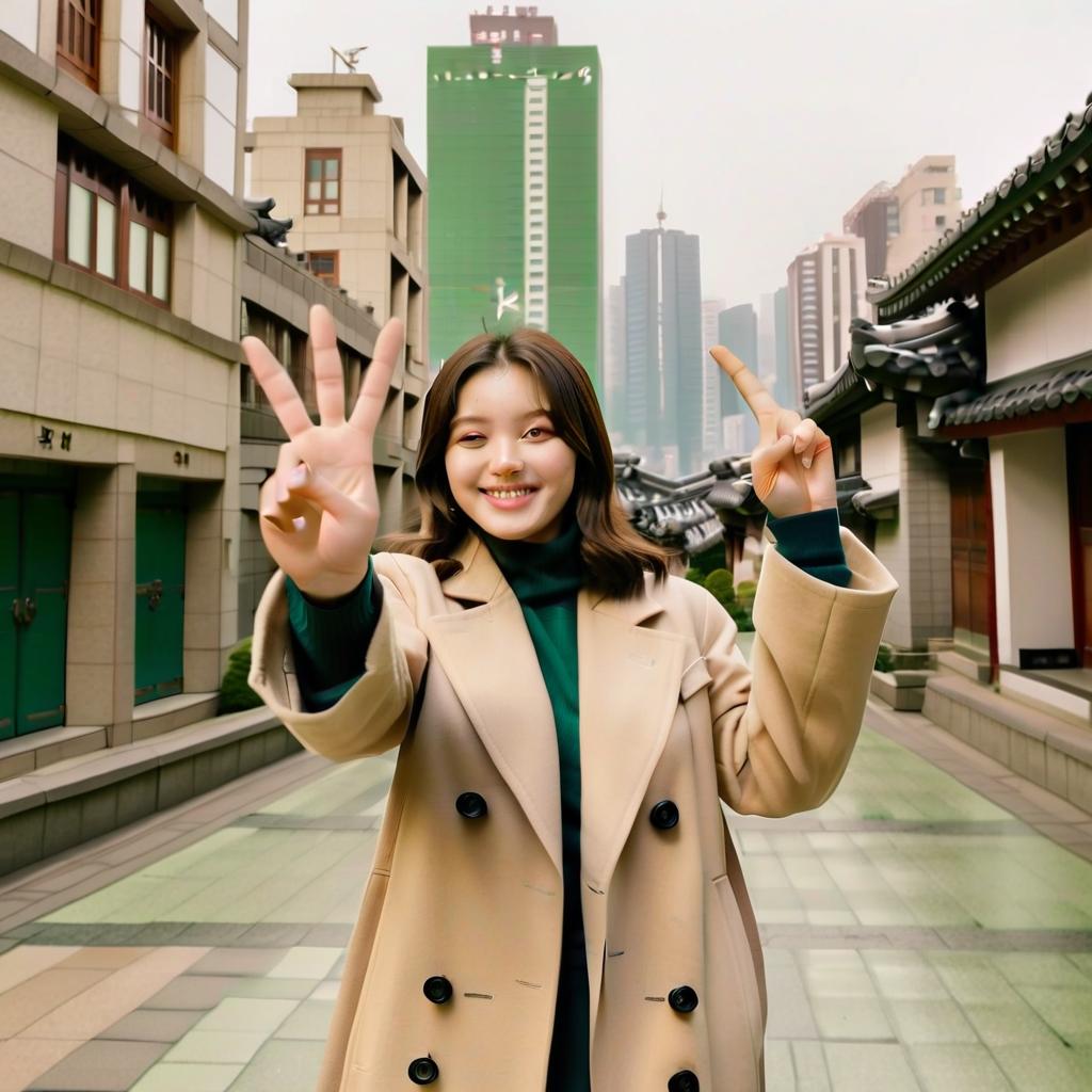  a full length brunette girl with dark green eyes in the background of buildings in south korea, in a beige coat smiles and shows a gesture of “victory” with her fingers, film photography style